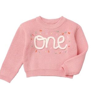 Pink Knit Sweater with 'One' Embroidery